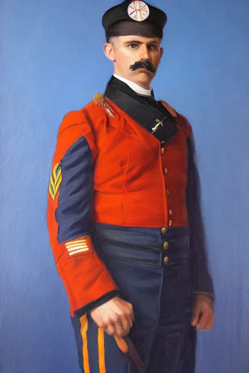 Prompt: full body portrait of the dictator of the oklahoma city thunder, 1 8 8 9, in full military garb, thunder blue, sunset, navy blue, oil on canvas by william sidney mount, trending on artstation