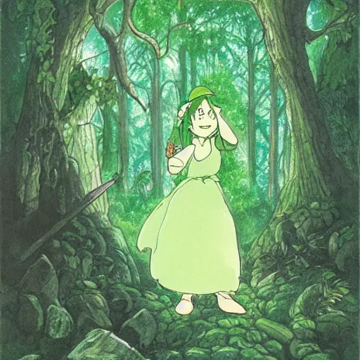 Image similar to a green genie ready to grant wishes deep in the forest, fantasy illustration, studio ghibli