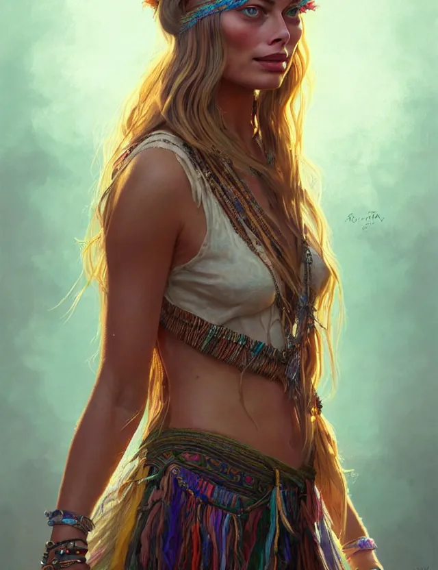 Image similar to portrait of a young margot robbie wearing boho clothing, hippie, long hair, groovy hairband, bangs, intricate, smooth, groovy lighting, highly detailed, digital painting, artstation, concept art, smooth, sharp focus, illustration, art by wlop, mars ravelo and greg rutkowski