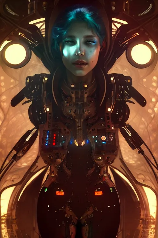 Image similar to ultra realistic, beautiful female cyborg in a crowded smoky cyberpunk club in space megalopolis, sci - fi, intricate details, eerie, highly detailed, octane render, 8 k, art by artgerm and alphonse mucha and greg rutkowski