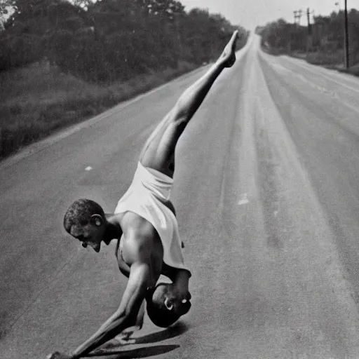 Prompt: a profile shot of barack obama doing a handstand on the highway, highly detailed, 8 k resolution, 1 9 0 0 s picture,