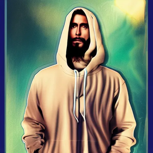 Image similar to jesus wear hoodie, photobashing, 8 k,