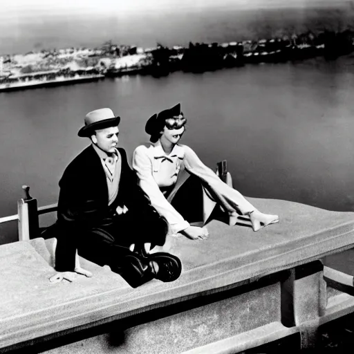 Prompt: the image is a lost crime fiction hollywood film still 1 9 4 0 s photograph of a scene featuring two characters sitting on the edge of a bridge. vibrant cinematography, anamorphic lenses, crisp, detailed image in 4 k resolution.