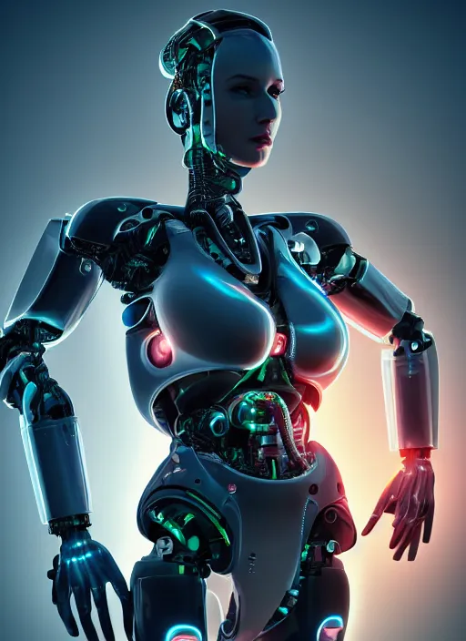 Image similar to photorealistic detailed full body picture of a female cyborg, pretty face, standing, glamour pose, neon lights, humanoid, extreme, uhdr, book called the most influental cyborg in 2 0 5 0, fine details, highly detailed, intricate, smooth sharp focus, symmetrical features, environmental portrait, realistic render