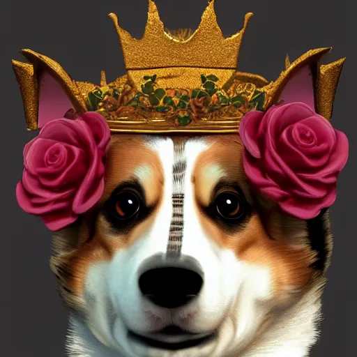 Image similar to A corgi with a crown made out of roses, artstation, highly detailed, digital art