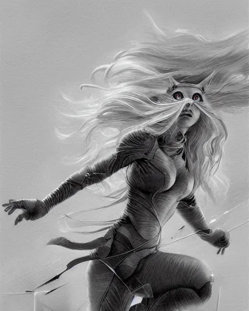 Image similar to pencil drawing of beautiful cat - robo woman goddess, beautiful blonde hair flying in the wind, hyper realistic face, in the style of greg rutkowski, fantasy, amazing detail, epic, elegant, smooth, sharp focus, from the front