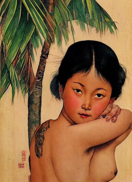 Image similar to a beautiful asian girl with a coconut tree tattoo on her stomach by Norman Rockwell