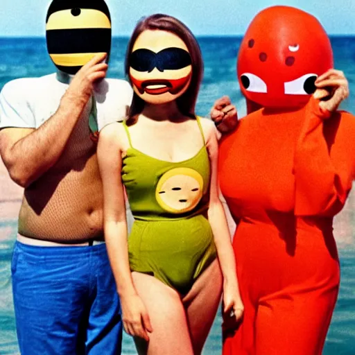 Image similar to 1969 twin women on tv show wearing an inflatable smiley mask with googly eyes, technicolor wearing a swimsuit at the beach 1969 color film 16mm holding a hand puppet Fellini John Waters Russ Meyer Doris Wishman