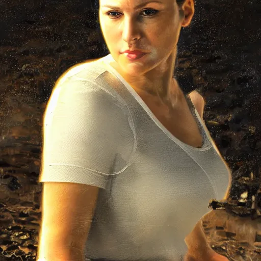 Image similar to portrait of mercenary's wife young beautiful woman standing on primeval waters, dynamic lighting, cinematic, establishing shot, extremely high detail, photo realistic, cinematic lighting, oil painting, intricate line drawings