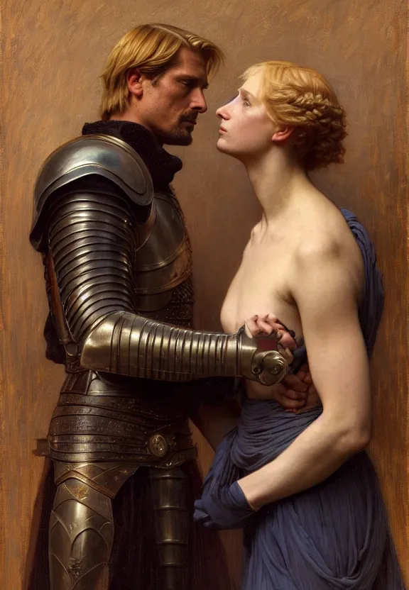 Image similar to attractive handsome fully clothed jaime lannister confesses his love for attractive fully armored brienne of tarth. centered composition. highly detailed painting by gaston bussiere and j. c. leyendecker and william adolphe bouguereau and fra angelico and octane render, musee d'orsay 8 k