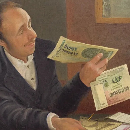 Prompt: painting of a loser collecting his paycheck from his boss