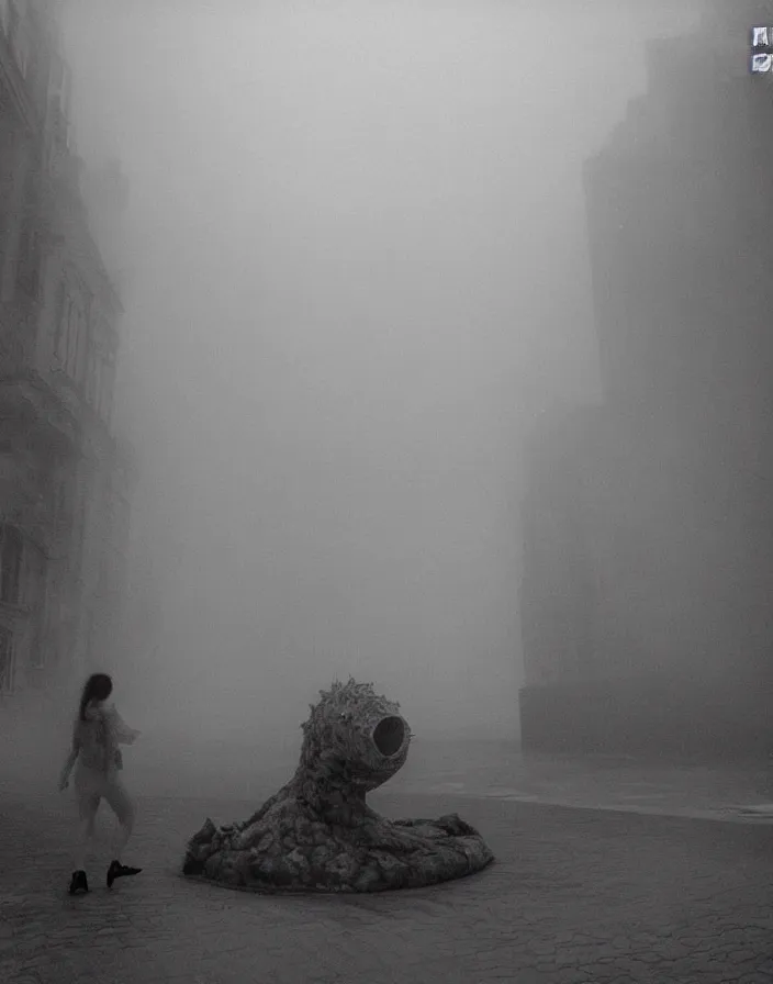 Image similar to very low - resolution found footage of a couple escaping in the city from a starfish kaiju monster, fog, foggy, korean film noir, monochrome, red hue, thriller, underdeveloped, epic, dramatic