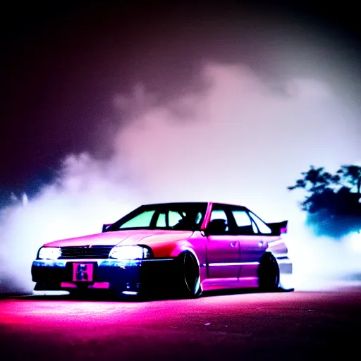 Prompt: a car JZX90 turbo drift at illegal car meet, Chiba prefecture, city midnight mist lights, cinematic color, photorealistic, highly detailed wheels, 50MM