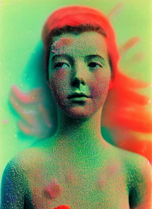 Image similar to realistic photo of a blurred face of a girl, covered in shriveling dead semi - translucent iridescent coral reef, emitting aura, 1 9 6 0, life magazine photo, natural colors, metropolitan museum, kodak, 8 k, very detailed, high resolution, product photo,