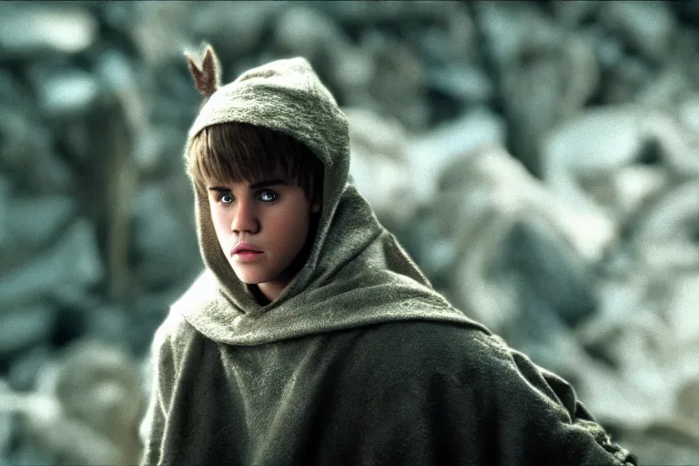 Image similar to justin bieber plays an elf in the lord of the rings return of the king, highly detailed, cinematic lighting, 4 k, arricam studio 3 5 mm film camera, kodak 5 2 7 9 ( tungsten - balanced ) film stock