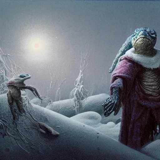 Prompt: anthropomorphic turtle humanoid, carapace, wayne barlowe, blizzard, winter, night, furs, fantasy