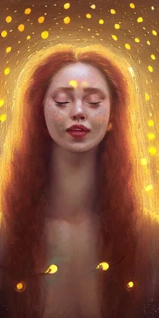 Prompt: adorable woman, serene smile surrounded by golden firefly lights, amidst nature fully covered by a intricate detailed dress, long red hair, precise linework, accurate green eyes, small nose with freckles, smooth oval shape face, empathic, expressive emotions, nocturnal spiritual scene, hyper realistic ultrafine art by artemisia gentileschi, jessica rossier, boris vallejo