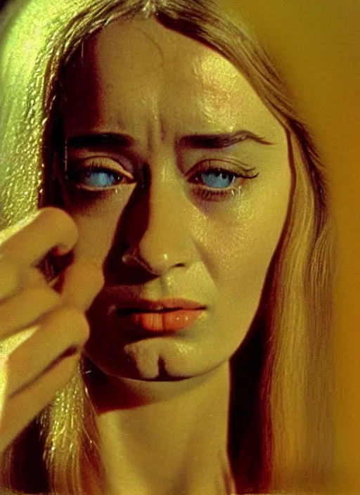 Image similar to 1973 film still from an Italian drama film of a bemused teenage Emily Blunt as the goddess of orange. staring intently at you. focused on her eyes. ultra detailed painting at 16K resolution and amazingly epic visuals. epically beautiful image. amazing effect, image looks gorgeously crisp as far as it's visual fidelity goes, absolutely outstanding. vivid clarity. ultra. iridescent. mind-breaking. mega-beautiful pencil shadowing. beautiful face. Ultra High Definition. godly shading. amazingly crisp sharpness. photorealistic film cel processed twice..