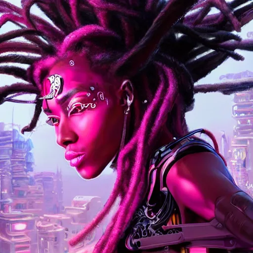 Prompt: a very beautiful black women dressed as pink ninja with highly detailed and intricate cybernetic eyes and colorful dreadlocks, by android jones and greg rutkowski, Trending on artstation, hyperrealism, elegant, stylized, highly detailed digital art, 8k resolution, hd, global illumination, radiant light, detailed and intricate cyberpunk ghetto environment, rendered in octane, oil on canvas, wide angle, dynamic portrait