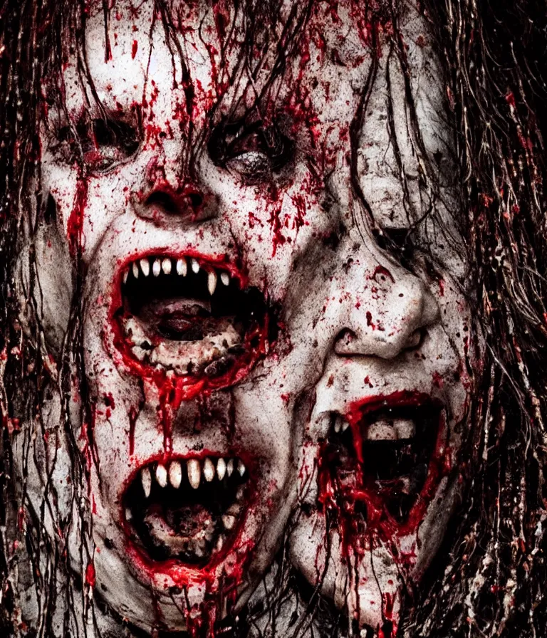 Prompt: very terrifying female Pinhead screaming splattered with blood, portrait showing entire grotesque head with grungy chains and hooks hanging down behind her, neo-expressionistic, maximalist, horror monster masterpiece, trending on DeviantArt, 4K resolution, dark cinematic, hyperrealism, octane render, volumetric lighting, ultra-detailed, chiaroscuro, dark black background, in the style of Giger and Ralph Steadman and Da Vinci,