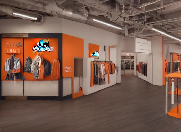 Prompt: New Balance Pop Up store, orange details, wood interior of staten ferry, nautical windows, cinematic lighting