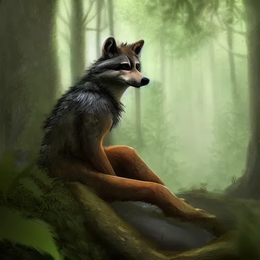 Image similar to a woodland druid in a forest with a wolf bird and racoon, photorealistic, in the style of greg rutkowski, digital painting