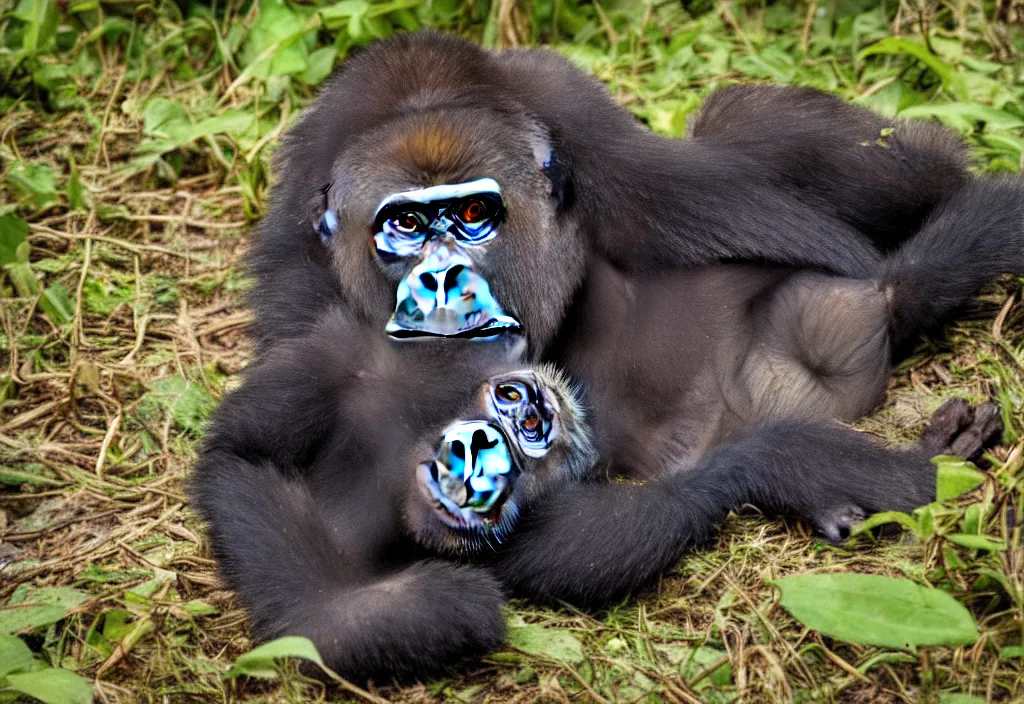 Image similar to “ a baby gorilla laying on the ground in the jungle by alex petruk ape, trending on flickr, primitivism, national geographic photo, uhd image, creative commons attribution ”