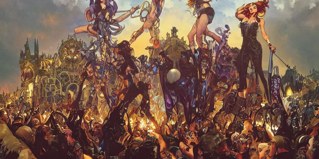 Image similar to Iron Maiden playing their last outdoor show while the world ends, by artgerm and greg rutkowski and alphonse mucha and loish and WLOP, artstation, detailed