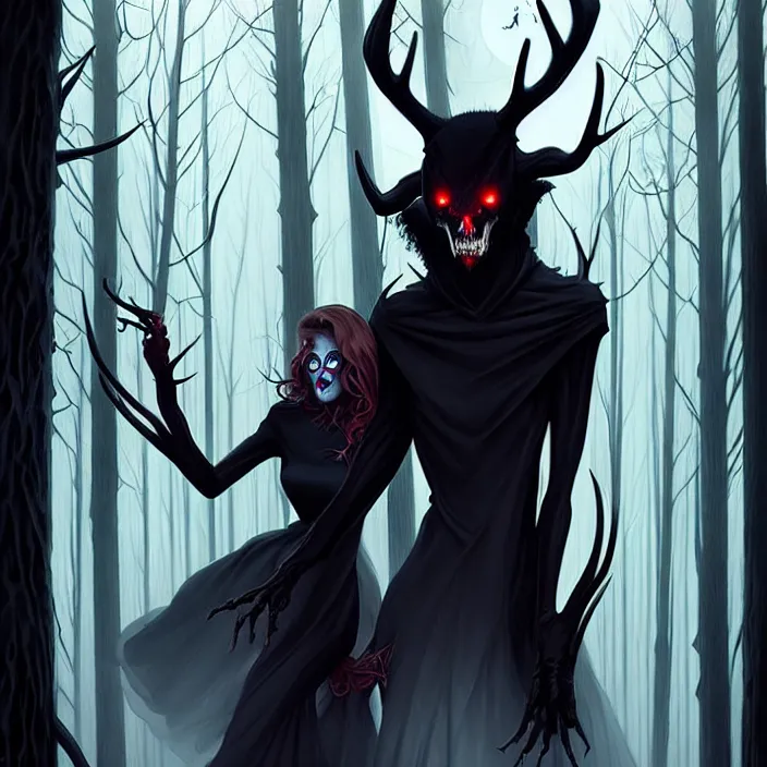 Image similar to style artgerm, joshua middleton, diego fazio, gerald brom : : scary wendigo with antlers and skull face mixed with werewolf : : [ beautiful witch wearing a black dress, symmetrical face, on the right side ] : : in the forest, detailed, dark and foggy, cinematic lighting