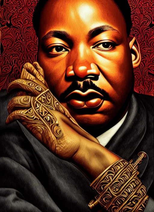 Image similar to : Martin Luther king fantasy, fantasy magic,  , intricate, sharp focus, illustration, highly detailed, digital painting, concept art, jahbu art and Paul lewin and kehinde wiley, masterpiece