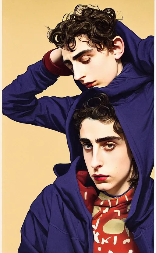 Image similar to Timothee Chalamet wearing hoodie, night time, looking at his reflection, +++ super super super dynamic posing, j.c. leyendecker, Valentina Remenar, kodachrome, thick eyebrows, super serious facial expression
