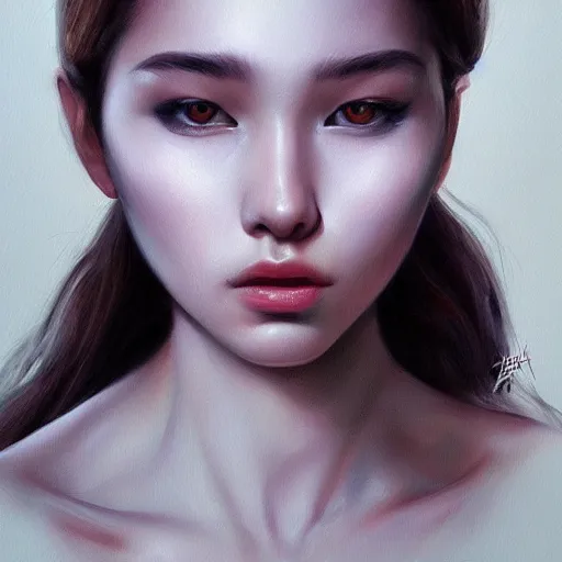 Image similar to masterpiece painting, fine art, portrait, detailled, realistic, artgerm, trending on artstation, splendid, beautiful