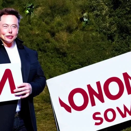 Image similar to a medium shot photograph of elon musk holding a sign with the word soon on it, 4k, ultra HD