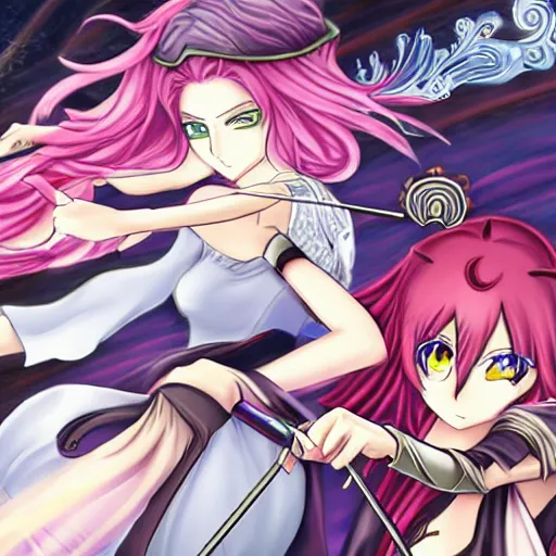 Prompt: two identical beautiful female mages facing off, gorgeous anime art