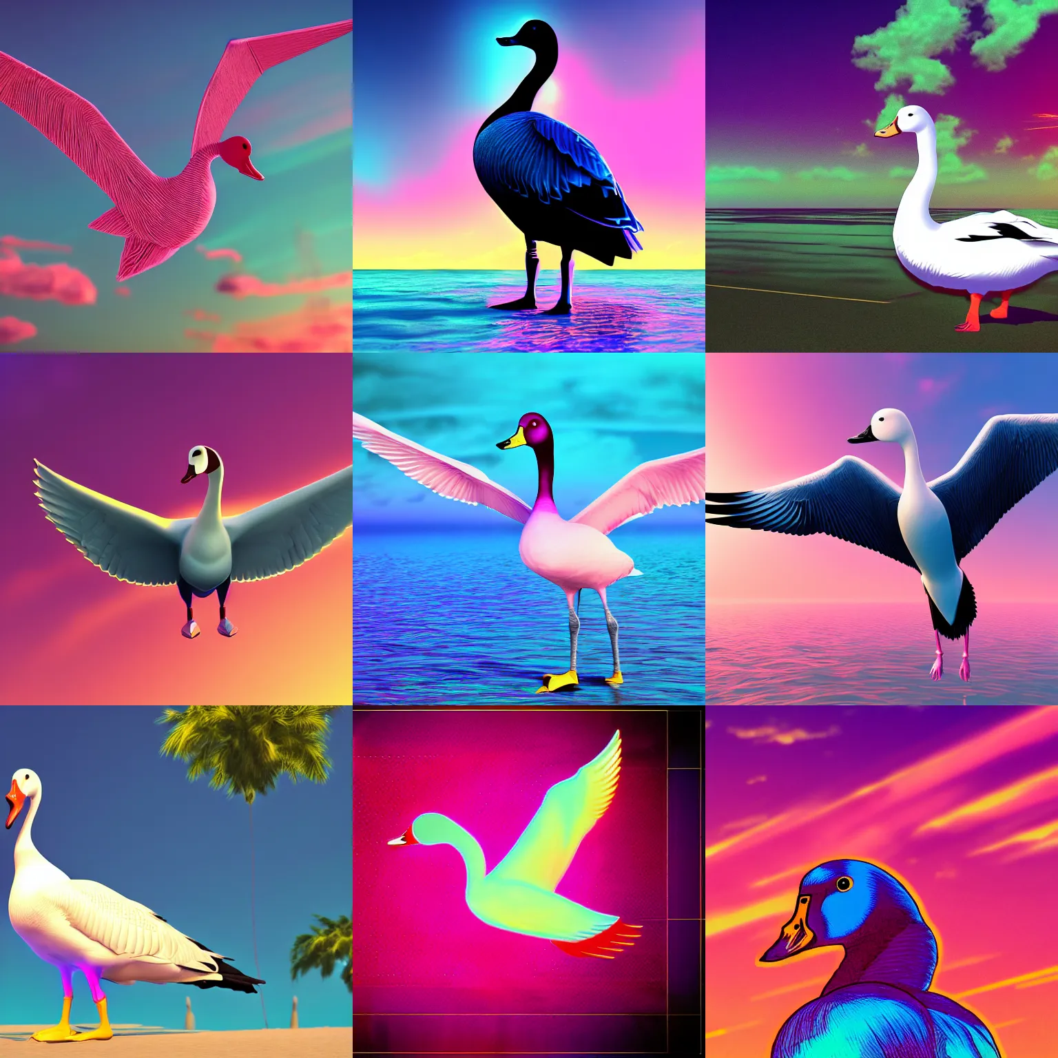 Prompt: hero magican goose bird in retrowave style realistic 4k