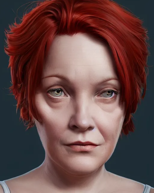 Prompt: portrait of short and plump 5 0 - year - old woman with red hair and, kind face, short hair, hyper realistic face, beautiful eyes, character art, art by mark brooks, hyperdetailed, cryengine, trending on artstation, digital art