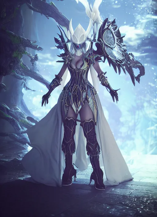 Image similar to photo of a sorceress near mage tower, warframe armor, epic, magical dress, fantasy, white hair, trees, village far away, interesting angle, sharp focus, 8 k high definition, insanely detailed, intricate, intelligent, art by akihiko yoshida and shirotaka