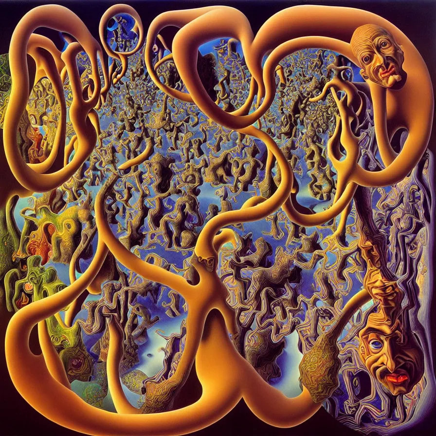 Image similar to strange loop of consciousness, recursion, fractals, surreal, by salvador dali and mc escher and alex grey, oil on canvas, weird, dreams, fantasy, intricate details, soft lighting, warm colors