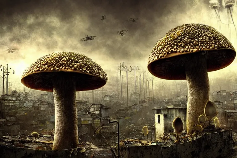 Prompt: favela mushroom beehive, fungus environment, industrial factory, apocalyptic, award winning art, epic dreamlike fantasy landscape, ultra realistic,