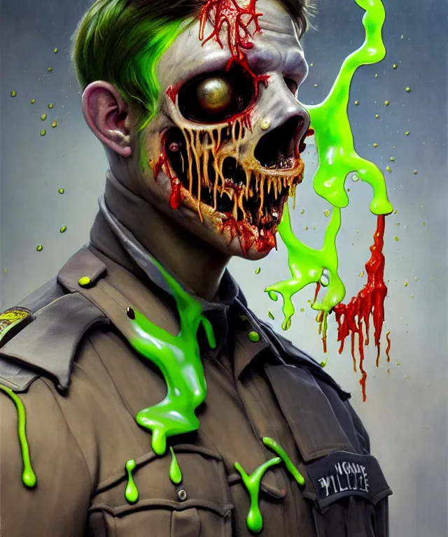 Prompt: painting of a slimy zombie cop dripping with slime and colorful goop by edgar maxence and rhads and leyendecker. los angeles police force, realistic police costume, award - winning digital art on pixiv, trending on artstation, cinematic lighting, dramatic lighting, stunning and beautiful scenery - highly detailed, hyperrealistic, unreal engine 5