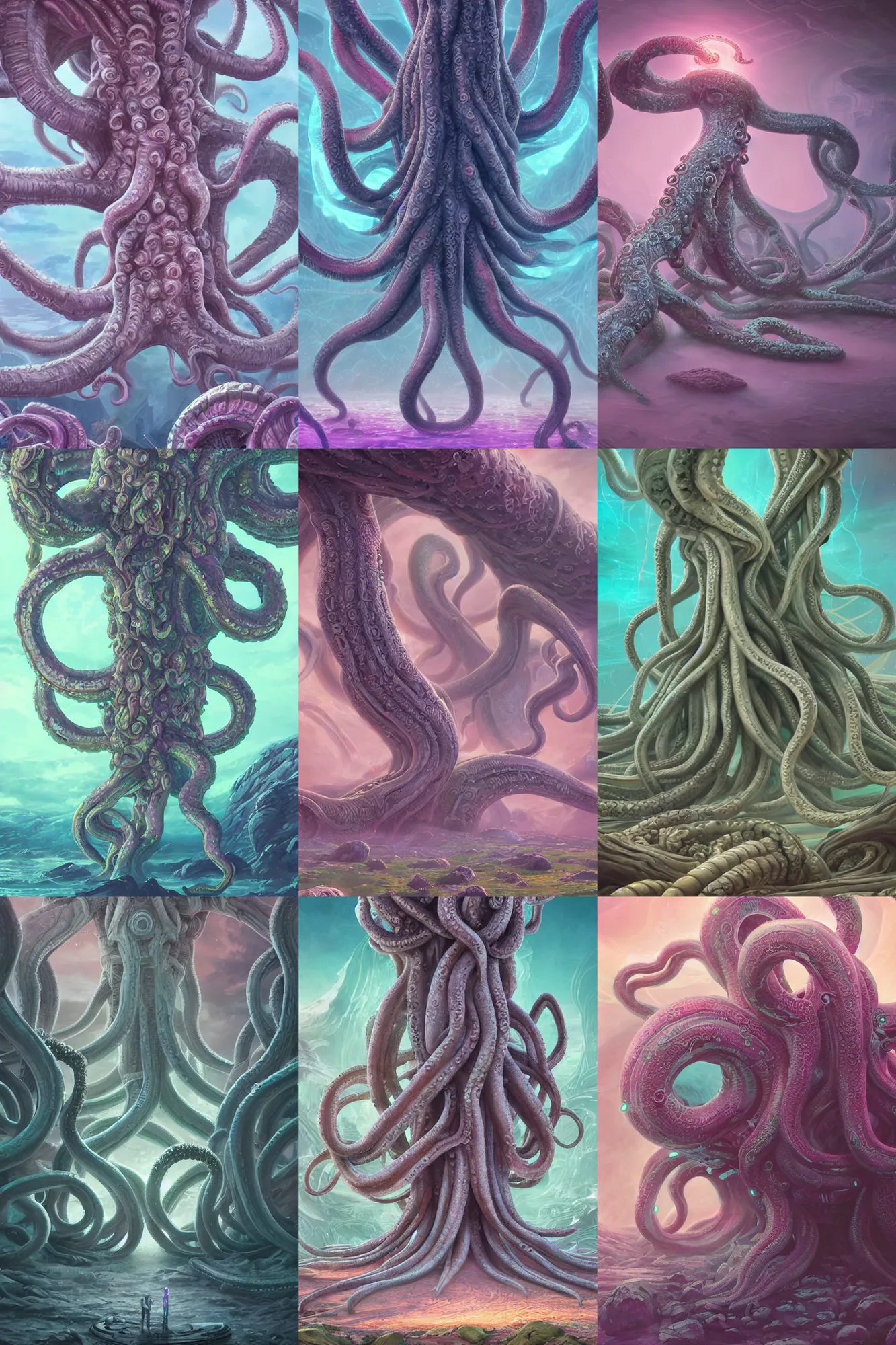 Prompt: giant ancient alien tentacles artwork, pastel colors, detailed background, extremely detailed, octane rendering