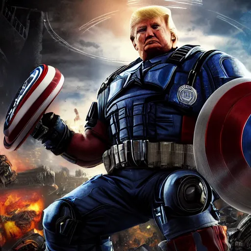 Image similar to Portrait! of President Donald Trump as ((captain america)) in Gears of War, splash art, movie still, cinematic lighting, dramatic, octane render, long lens, shallow depth of field, bokeh, anamorphic lens flare, 8k, hyper detailed, 35mm film grain