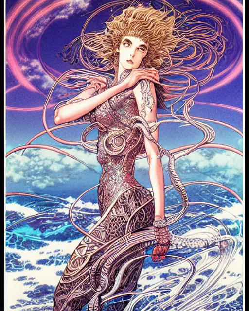 Image similar to hyper detailed illustration of the goddess of the ocean, intricate linework, lighting poster by moebius, ayami kojima, 90's anime, retro fantasy