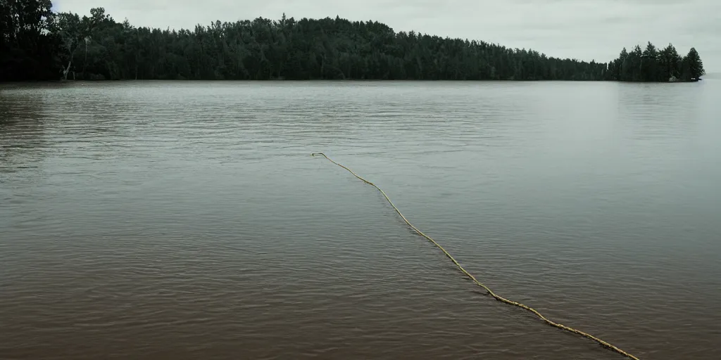 Prompt: centered photograph of a single line of big thick brown \ long rope floating on the surface stretching out to the center of the lake, a dark lake sandy shore on a cloudy day, color film, trees in the background, hyper - detailed kodak color film photo, anamorphic lens