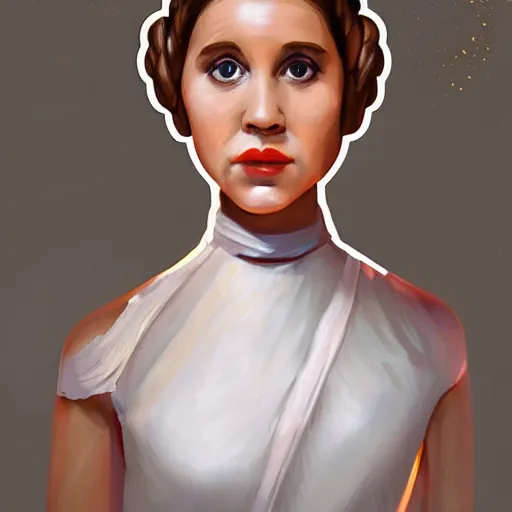 Image similar to portrait of a young and beautiful princess leia doing a duckface!!!!, in a light white dress, digital art, golden hour, smooth, extremely detailed