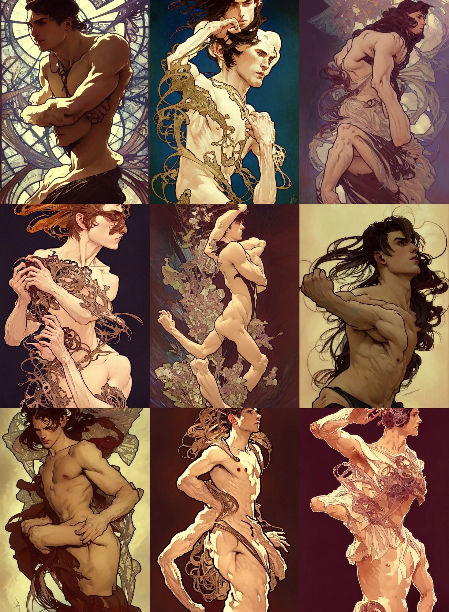 Prompt: deco art by artgerm and greg rutkowski and alphonse mucha. clear portrait of a lonely attractive men, hyper detailed, character concept, full body!! dynamic pose, glowing lights!! intricate, elegant, highly detailed, digital painting, artstation, concept art, smooth, sharp focus, illustration, art by artgerm and greg rutkowski and alphonse mucha