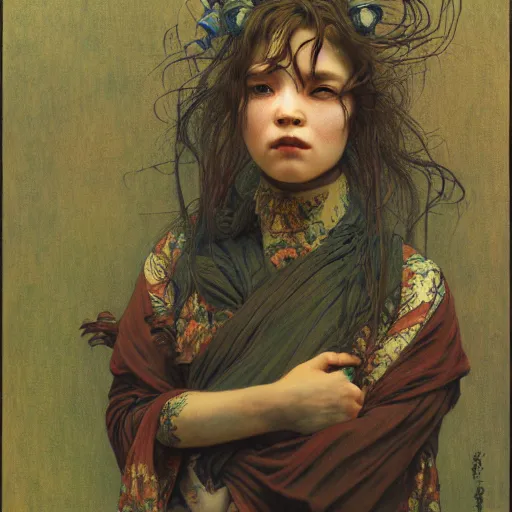 Image similar to by waterhouse, by beksinski, by alphonse mucha, high quality, portrait of a victorian yokai, haunting, photorealism, hyper - realism, octane render, highly detailed, 8 k,