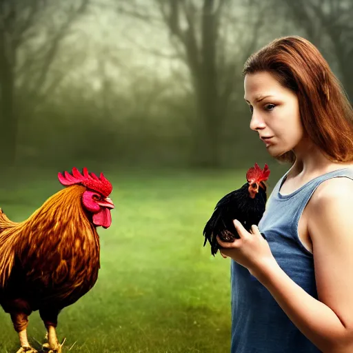 Image similar to A realistic image of a very sad woman holding a rooster in her hands, ultra high detail, 8k.