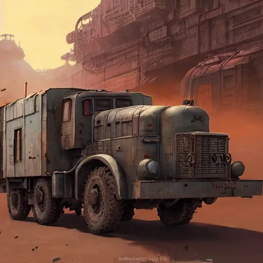 Image similar to a highly detailed epic cinematic concept art CG render digital painting artwork: dieselpunk Soviet truck inspired by a locomotive. By Greg Rutkowski, Ilya Kuvshinov, WLOP, Stanley Artgerm Lau, Ruan Jia and Fenghua Zhong, trending on ArtStation, subtle muted cinematic colors, made in Maya, Blender and Photoshop, octane render, excellent composition, cinematic atmosphere, dynamic dramatic cinematic lighting, precise correct anatomy, aesthetic, very inspirational, arthouse