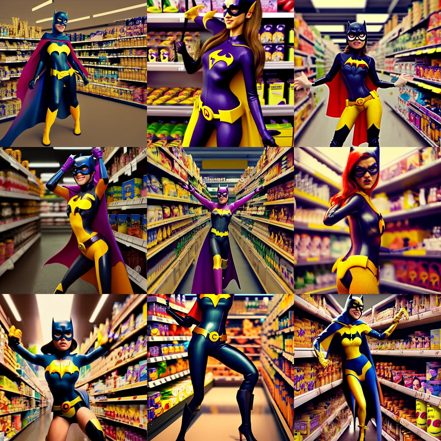 Prompt: jessica alba as batgirl climbing a shelf, in a crowded packed grocery store : : octane render, artstation, weta, pixar, disney, soft, decadent, lustrous, : :